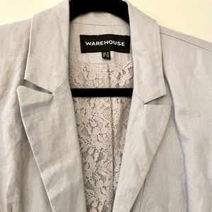 Lace-lined Warehouse linen blazer. Light grey with slight blue undertone.